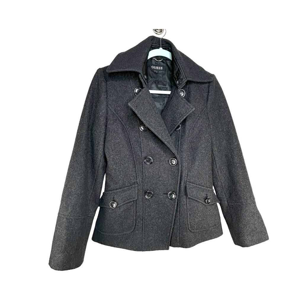 GUESS Wool Peacoat Women's Size S Charcoal Gray Double Breasted Dark Academia